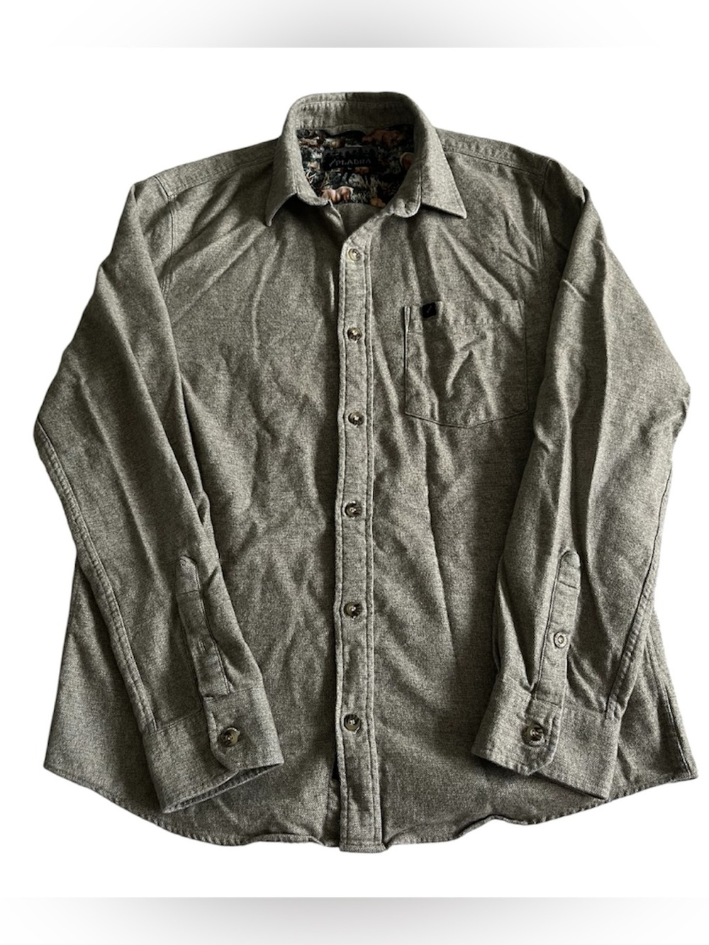 Pladra Button Front Shirt Mens Large Light Brown Cotton Twill Nature Print USA